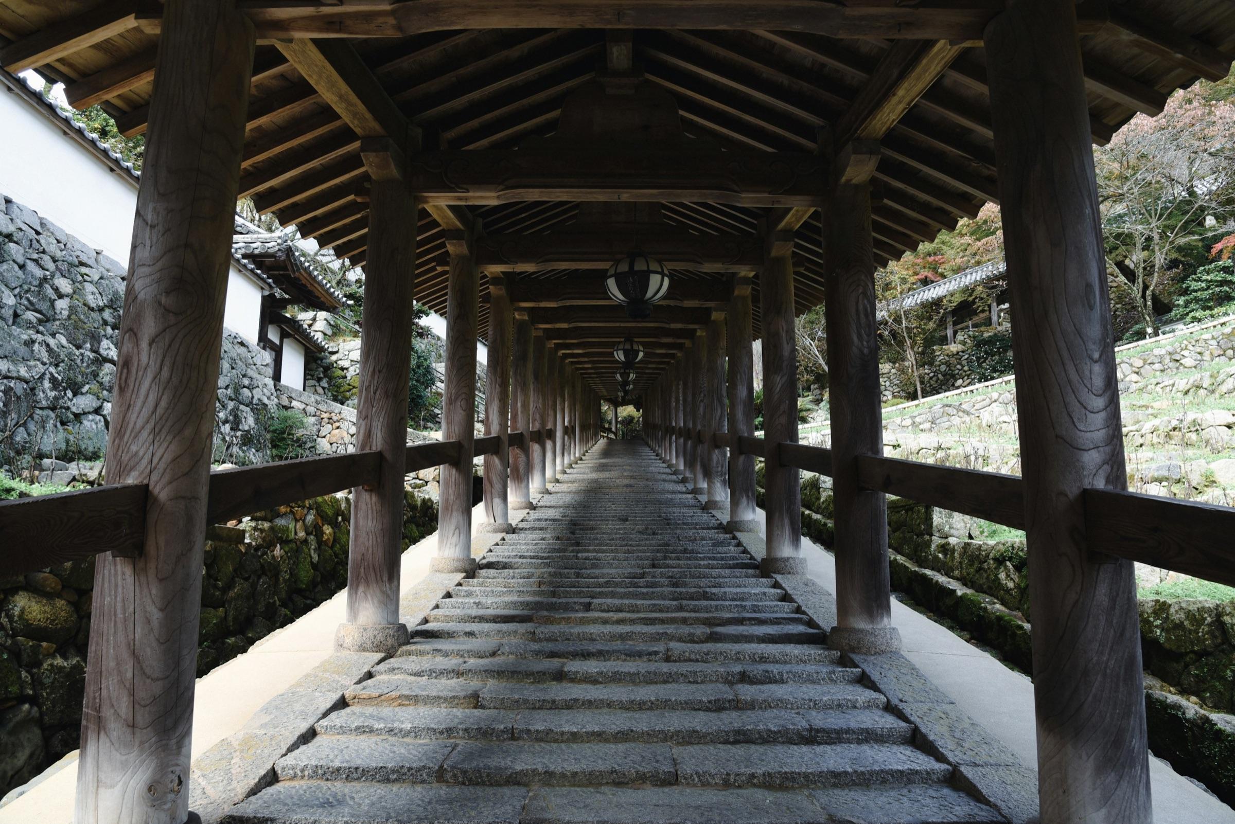 奈良の山寺の、長く続く屋根付きの石段