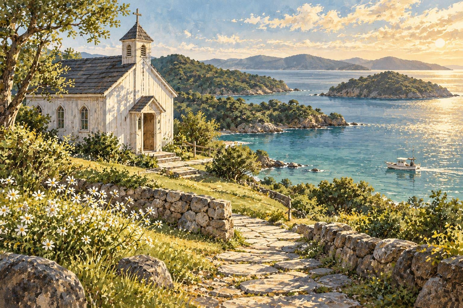 Illustration of an imagined small island chapel above a quiet bay in the Goto Islands