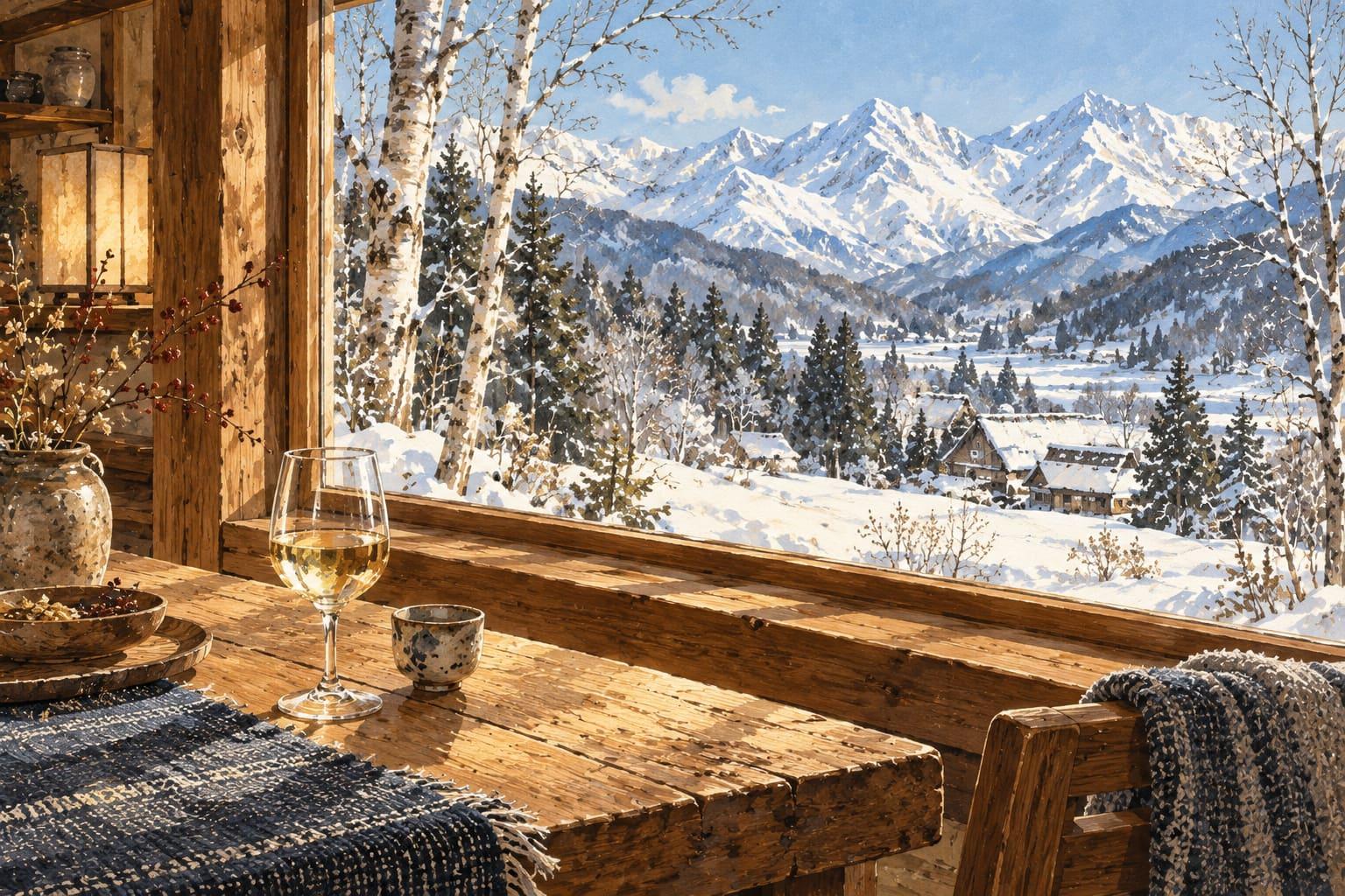 Illustration of wine and sake by a timber window overlooking a snowy mountain valley