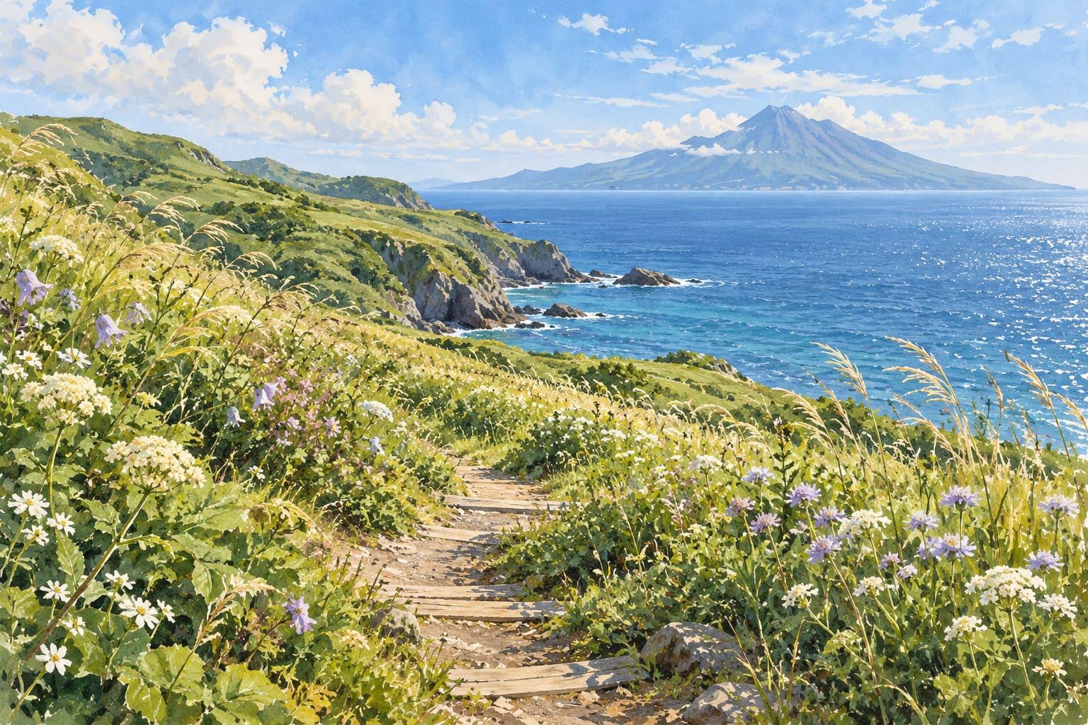 Illustration of a northern island walking path, wildflowers, blue sea and a distant mountain