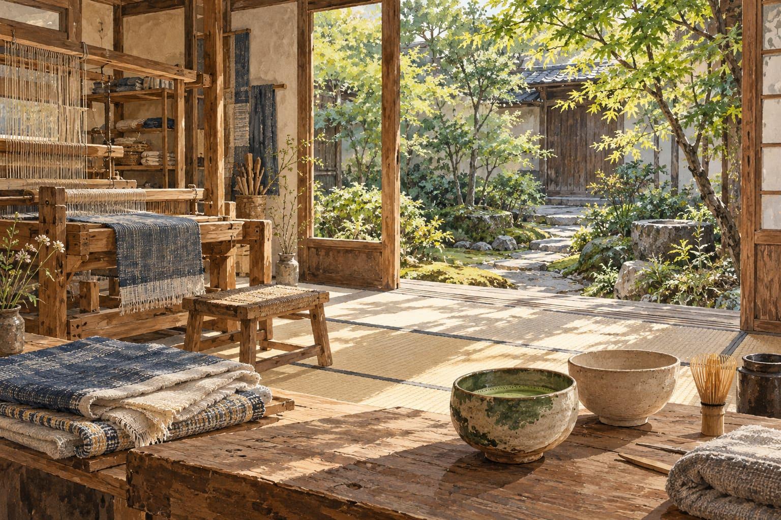 京都の工房をイメージした、織機、器、光の差す庭のイラスト