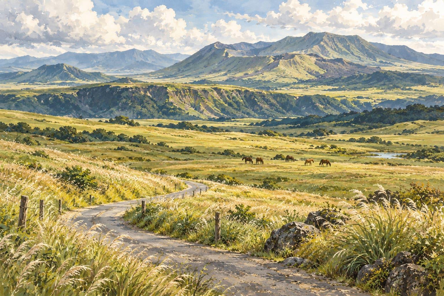 Illustration of Aso-inspired grasslands, a winding road and horses beneath layered caldera ridges